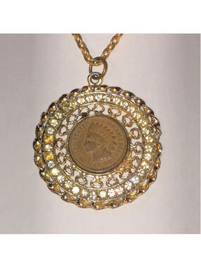 1893 Indian Head Penny CZ Rhinestone Pendant Vintage Gold Tone Boho Necklace